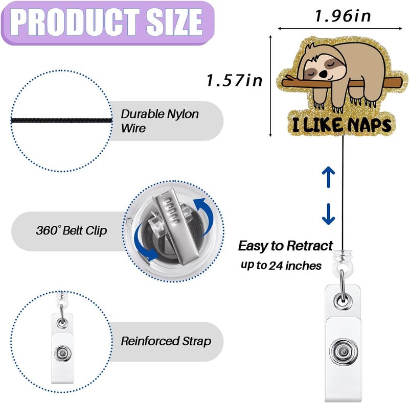 Bydevia Cute Sloth Badge Reel Retractable for Nurse Nursing Student RN CNA LPN Medical Worker & Teacher, I Like Naps Sloth Badge Clip, Funny Pediatric Badge Holder with Alligator Clip & 24” Durable Nylon Cord - Image 2
